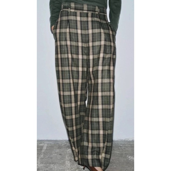 Zara Pants - Zara Women Green Plaid Wide Leg High Rise Pleated Trousers Size L Pants